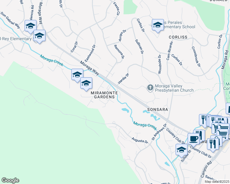map of restaurants, bars, coffee shops, grocery stores, and more near 91 Miramonte Drive in Moraga
