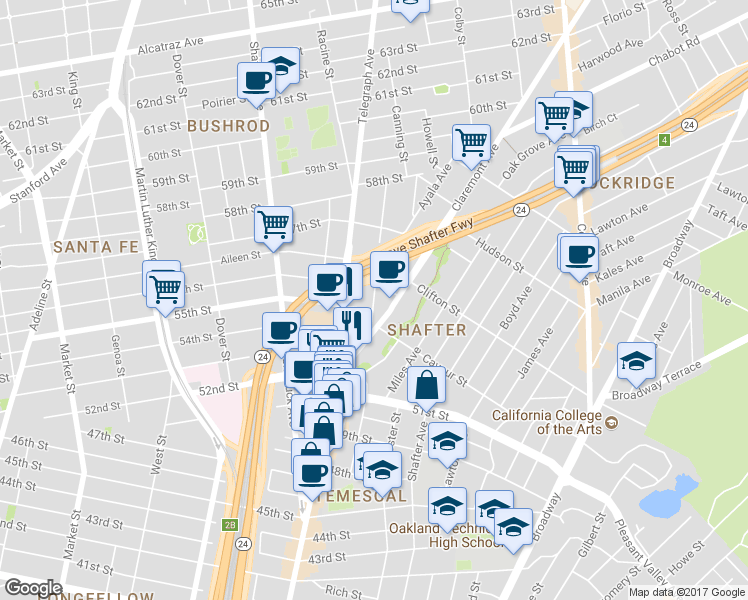 map of restaurants, bars, coffee shops, grocery stores, and more near 5517 Vicente Way in Oakland