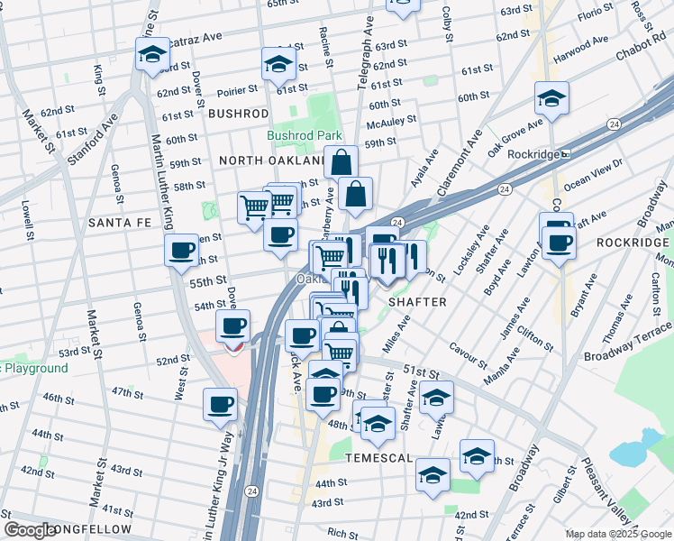 map of restaurants, bars, coffee shops, grocery stores, and more near 5601 Telegraph Avenue in Oakland