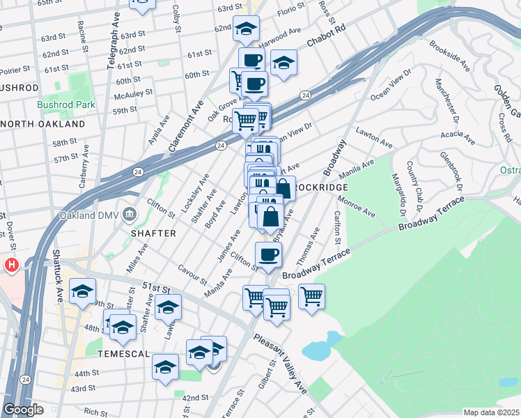 map of restaurants, bars, coffee shops, grocery stores, and more near 5413 College Avenue in Oakland
