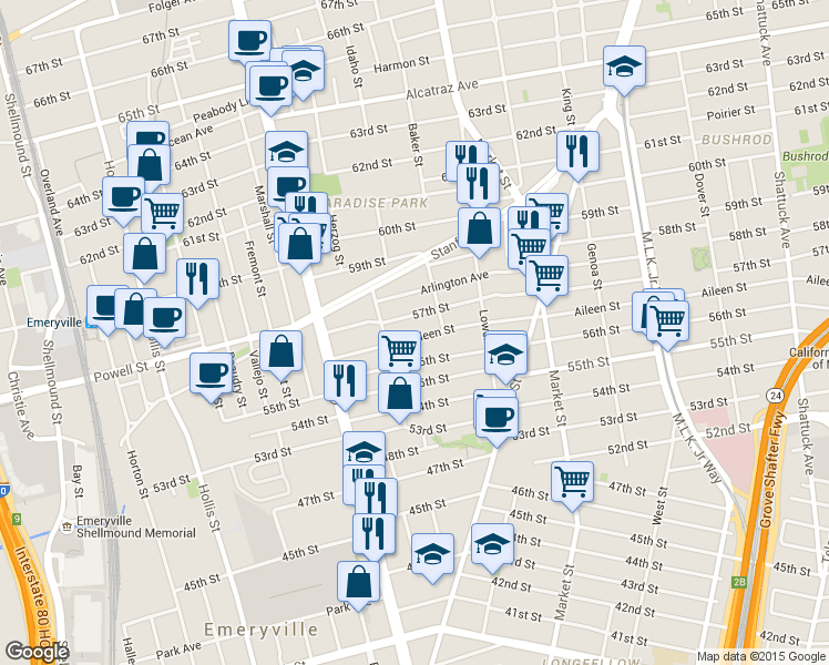 map of restaurants, bars, coffee shops, grocery stores, and more near 1039 57th Street in Oakland