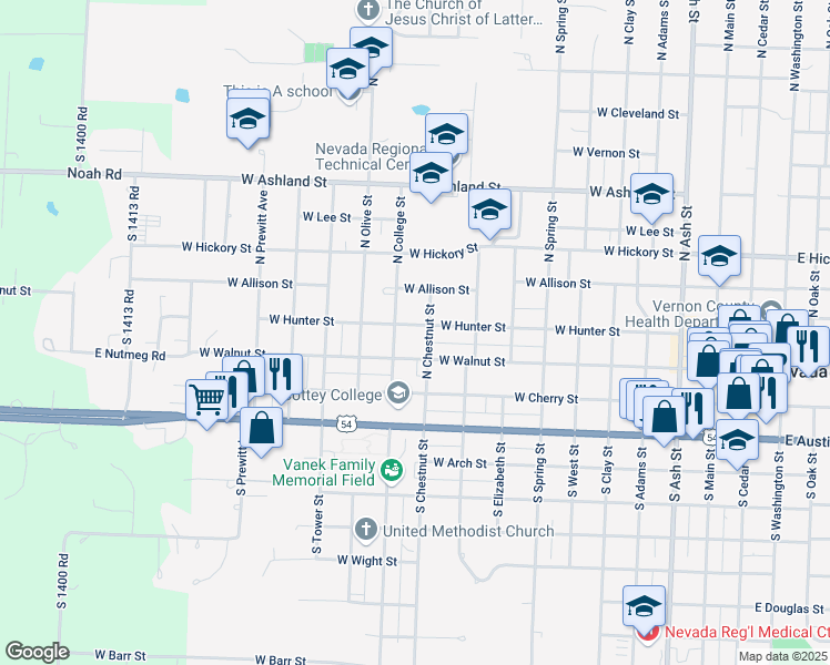 map of restaurants, bars, coffee shops, grocery stores, and more near 1005 West Hunter Street in Nevada