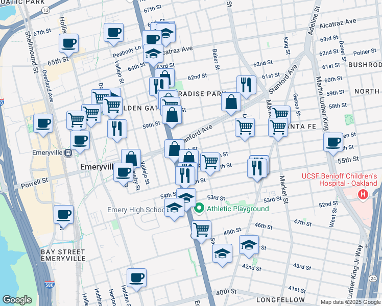 map of restaurants, bars, coffee shops, grocery stores, and more near 1073 57th Street in Oakland