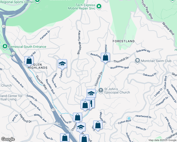 map of restaurants, bars, coffee shops, grocery stores, and more near 6022 Merriewood Drive in Oakland