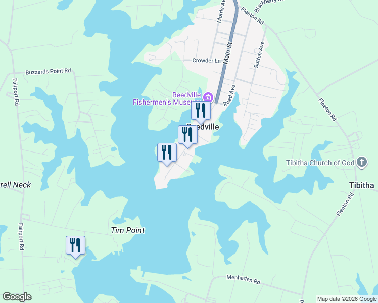 map of restaurants, bars, coffee shops, grocery stores, and more near 729 Main Street in Reedville