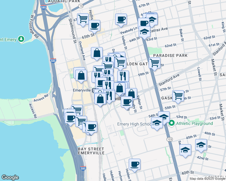 map of restaurants, bars, coffee shops, grocery stores, and more near 5812 Hollis Street in Emeryville