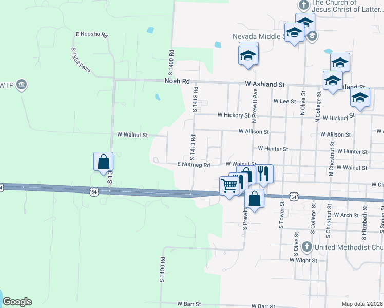 map of restaurants, bars, coffee shops, grocery stores, and more near 16860 South 1413 Road in Nevada