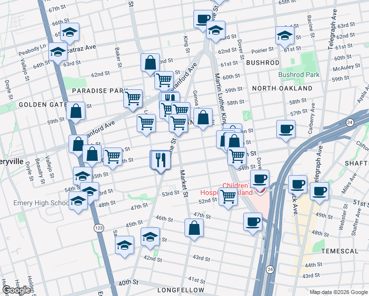 map of restaurants, bars, coffee shops, grocery stores, and more near 886 56th Street in Oakland