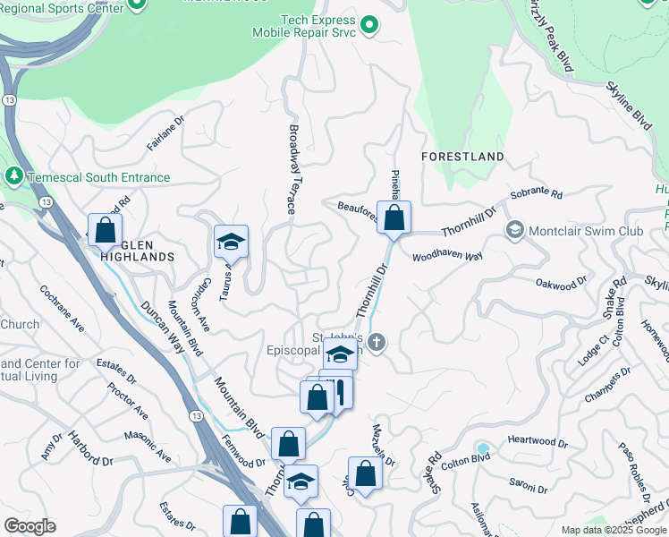 map of restaurants, bars, coffee shops, grocery stores, and more near 6022 Merriewood Drive in Oakland