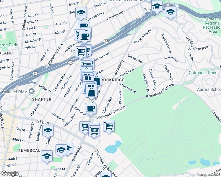 map of restaurants, bars, coffee shops, grocery stores, and more near 5512 Broadway in Oakland