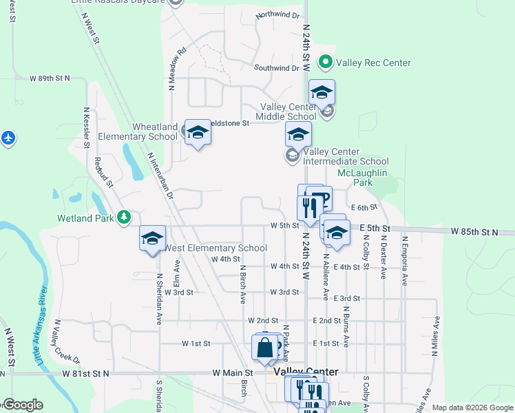 map of restaurants, bars, coffee shops, grocery stores, and more near 313 West Scott in Valley Center