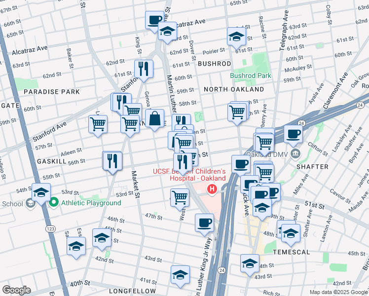 map of restaurants, bars, coffee shops, grocery stores, and more near 5536 Martin Luther King Junior Way in Oakland