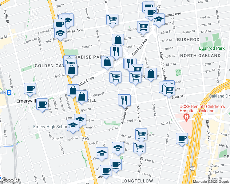 map of restaurants, bars, coffee shops, grocery stores, and more near 961 Aileen Street in Oakland