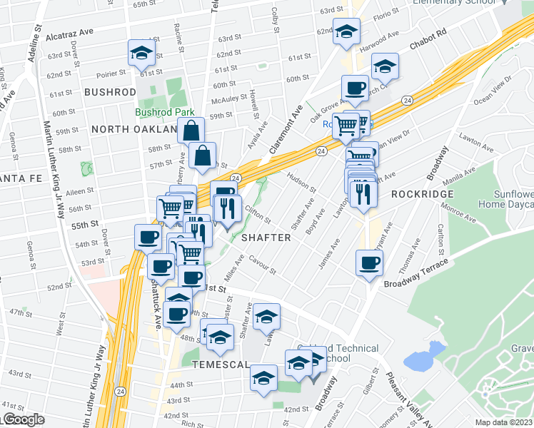 map of restaurants, bars, coffee shops, grocery stores, and more near 5307 Miles Avenue in Oakland