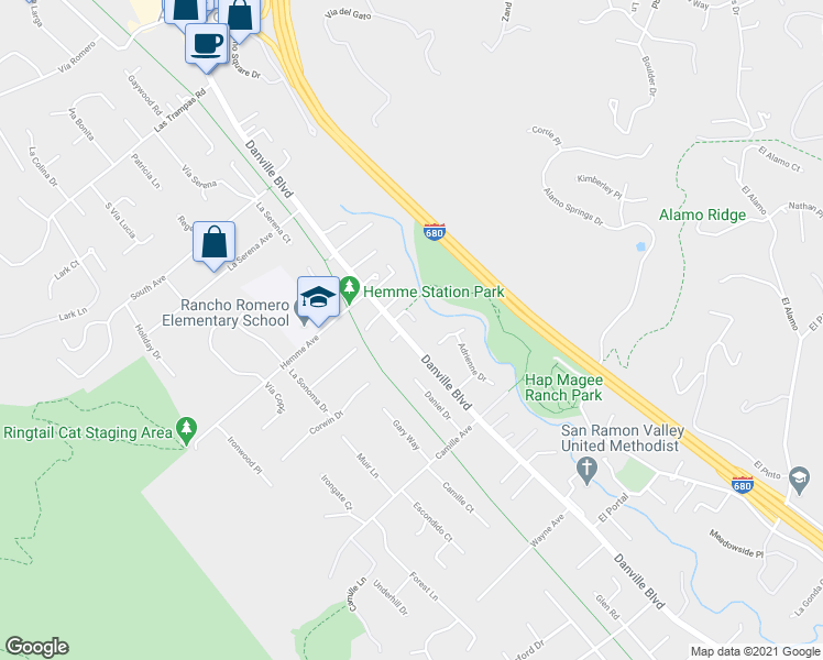 map of restaurants, bars, coffee shops, grocery stores, and more near 25 Lewis Lane in Alamo