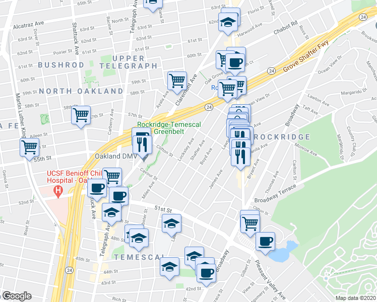 map of restaurants, bars, coffee shops, grocery stores, and more near 5328 Locksley Avenue in Oakland