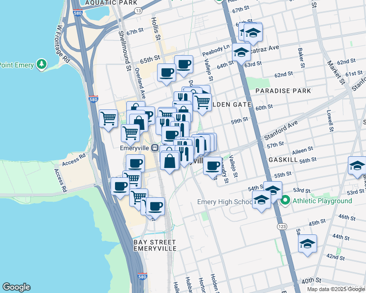 map of restaurants, bars, coffee shops, grocery stores, and more near 5858 Horton Street in Emeryville