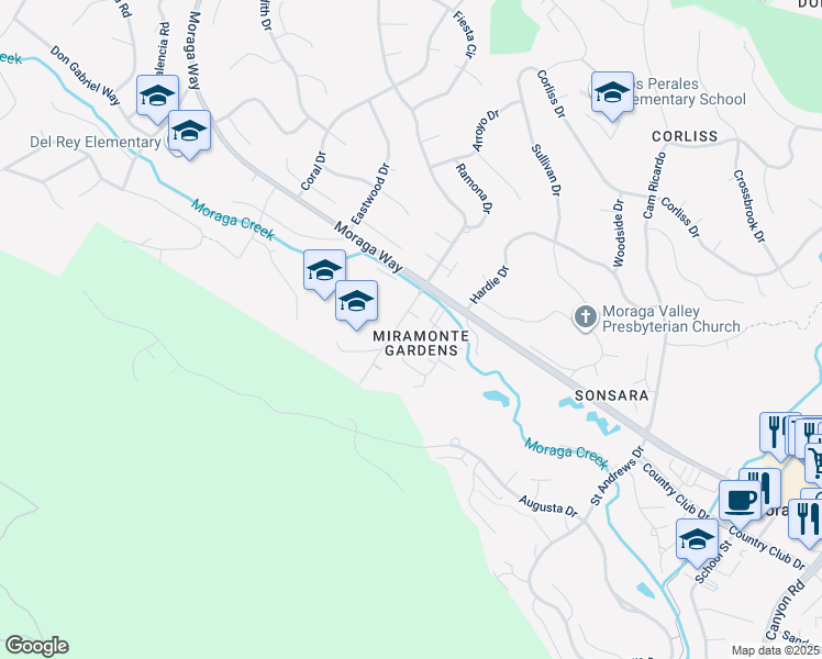 map of restaurants, bars, coffee shops, grocery stores, and more near 28 Miramonte Drive in Moraga
