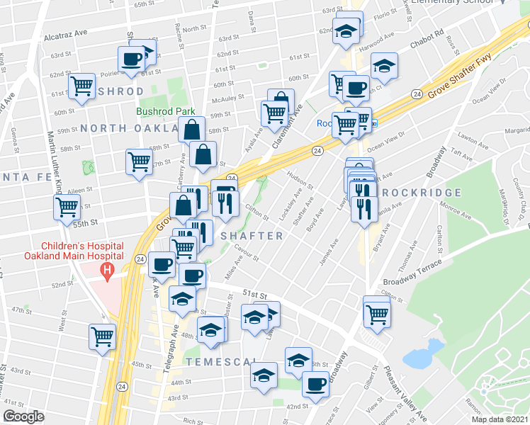 map of restaurants, bars, coffee shops, grocery stores, and more near 5307 Miles Avenue in Oakland
