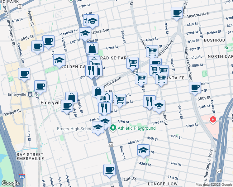 map of restaurants, bars, coffee shops, grocery stores, and more near 1039 57th Street in Oakland