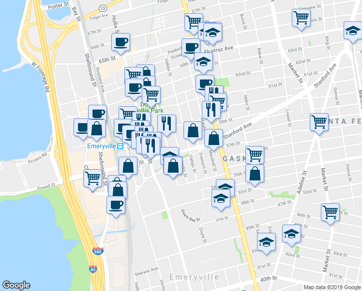 map of restaurants, bars, coffee shops, grocery stores, and more near 1240 Powell Street in Emeryville