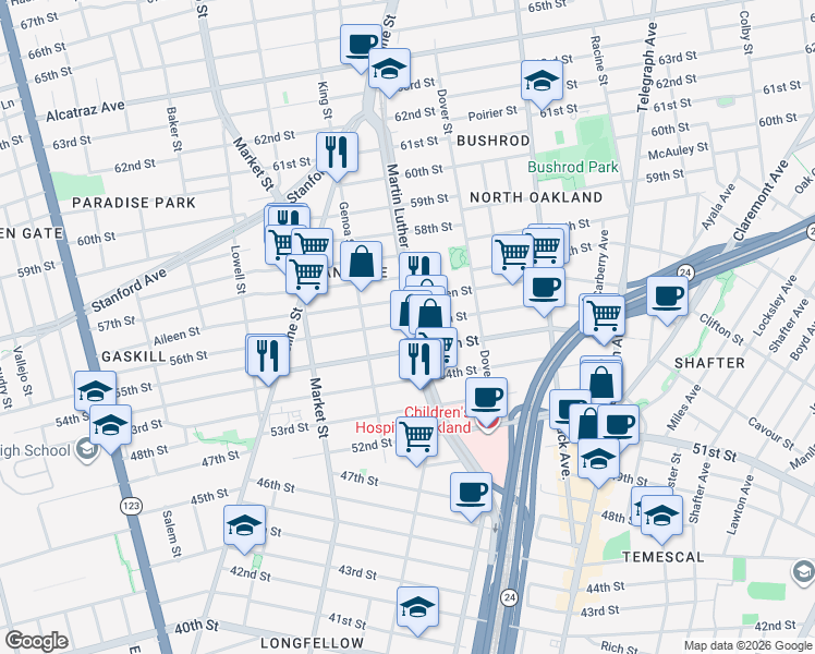 map of restaurants, bars, coffee shops, grocery stores, and more near 809 56th Street in Oakland