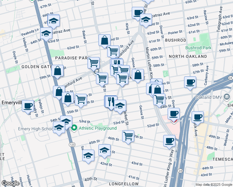 map of restaurants, bars, coffee shops, grocery stores, and more near 5617 Adeline Street in Oakland