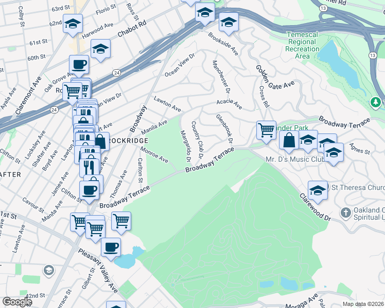 map of restaurants, bars, coffee shops, grocery stores, and more near 5620 Margarido Drive in Oakland
