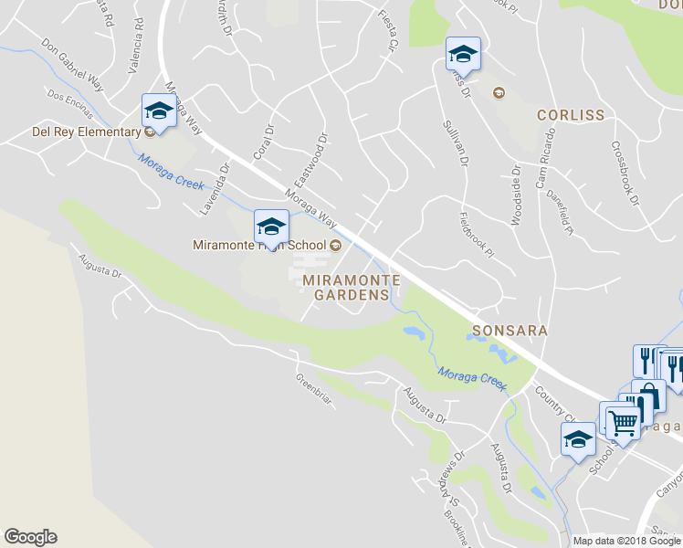 map of restaurants, bars, coffee shops, grocery stores, and more near 37 Miramonte Drive in Moraga