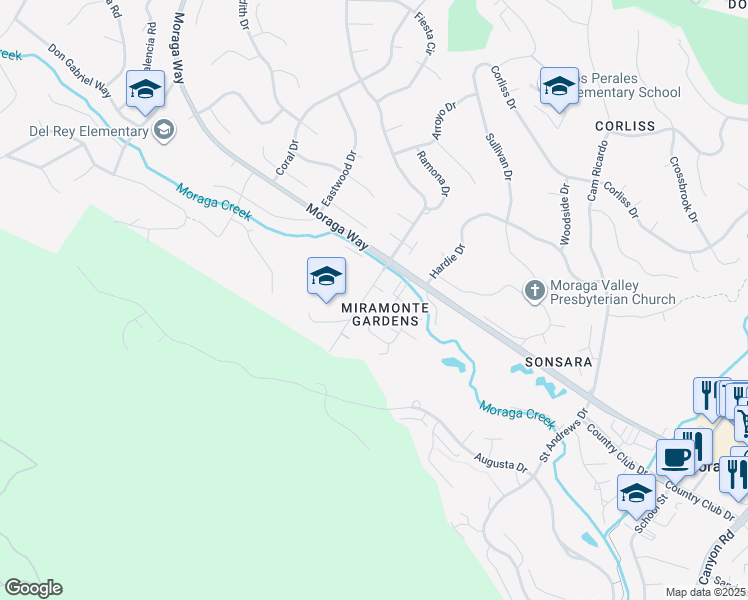 map of restaurants, bars, coffee shops, grocery stores, and more near 37 Miramonte Drive in Moraga