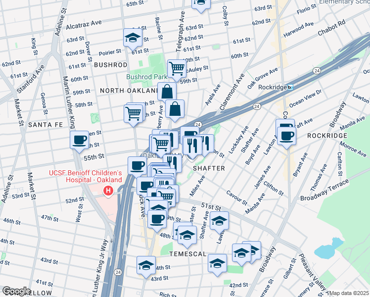 map of restaurants, bars, coffee shops, grocery stores, and more near 5524 Vicente Way in Oakland