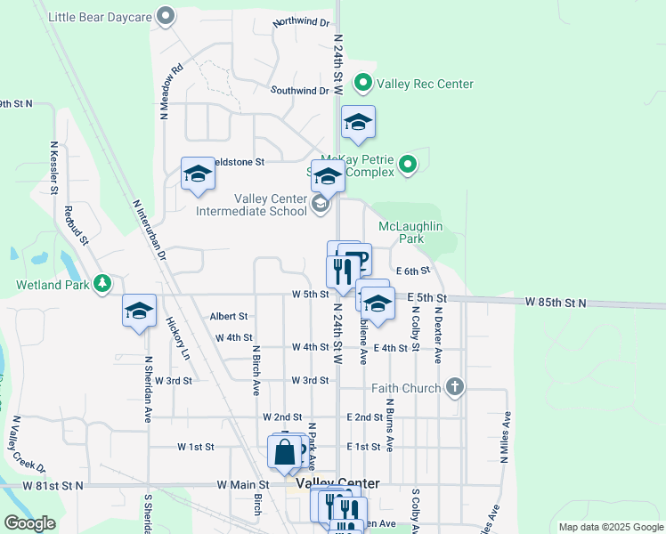 map of restaurants, bars, coffee shops, grocery stores, and more near 633 North Meridian Avenue in Valley Center
