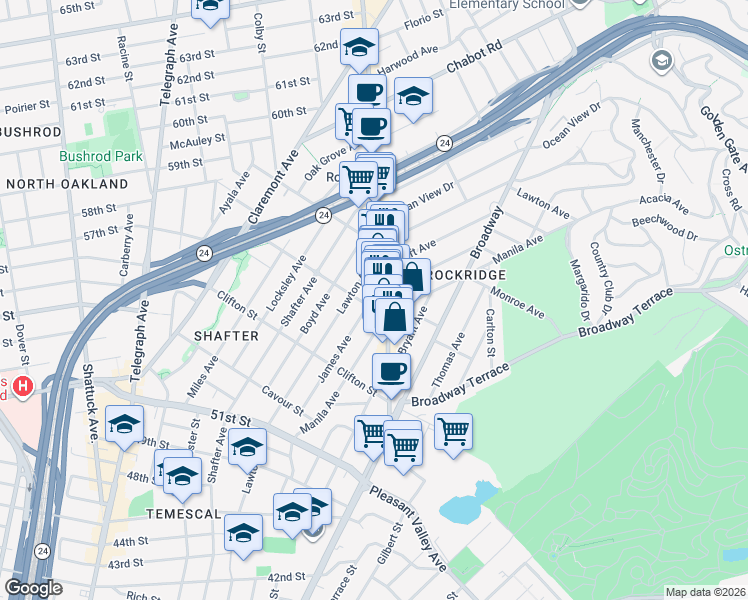 map of restaurants, bars, coffee shops, grocery stores, and more near 5413 College Avenue in Oakland