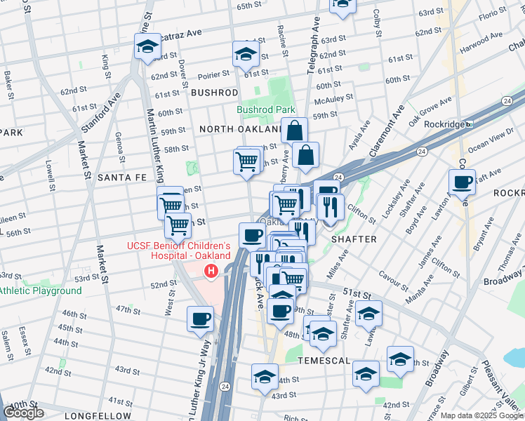 map of restaurants, bars, coffee shops, grocery stores, and more near 584 55th Street in Oakland