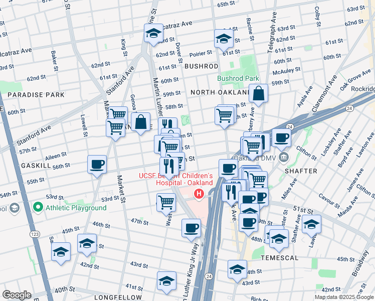 map of restaurants, bars, coffee shops, grocery stores, and more near 725 56th Street in Oakland