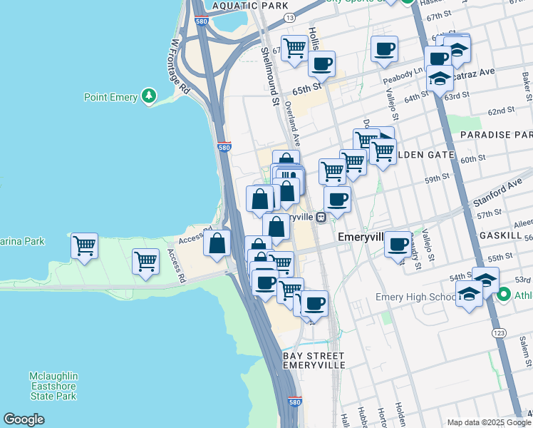 map of restaurants, bars, coffee shops, grocery stores, and more near 6007 Christie Avenue in Emeryville