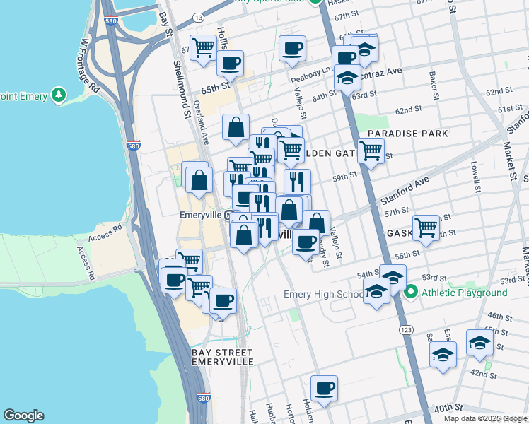 map of restaurants, bars, coffee shops, grocery stores, and more near 5885 Hollis Street in Emeryville