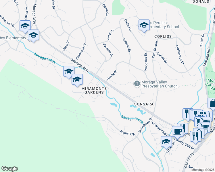map of restaurants, bars, coffee shops, grocery stores, and more near 91 Miramonte Drive in Moraga