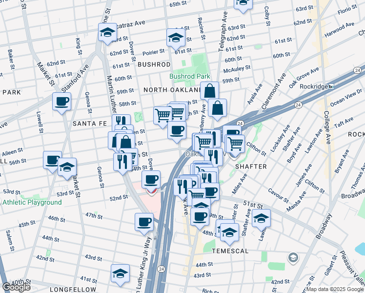 map of restaurants, bars, coffee shops, grocery stores, and more near 600 55th Street in Oakland