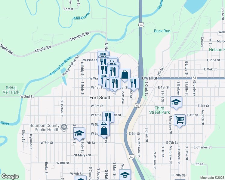 map of restaurants, bars, coffee shops, grocery stores, and more near 113 South National Avenue in Fort Scott