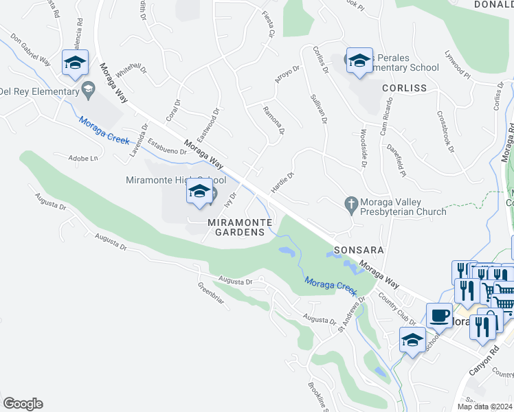 map of restaurants, bars, coffee shops, grocery stores, and more near 85 Miramonte Drive in Moraga