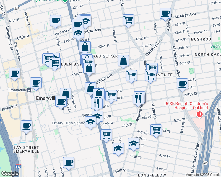 map of restaurants, bars, coffee shops, grocery stores, and more near 1039 57th Street in Oakland