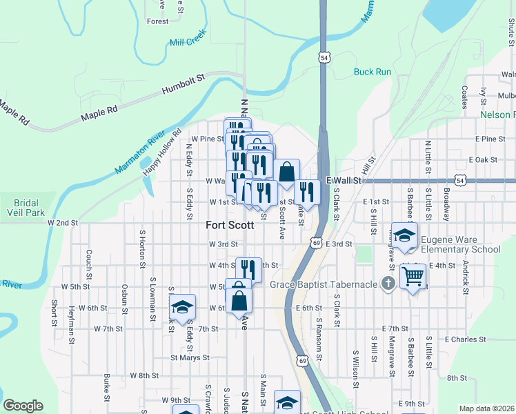 map of restaurants, bars, coffee shops, grocery stores, and more near 113 South National Avenue in Fort Scott