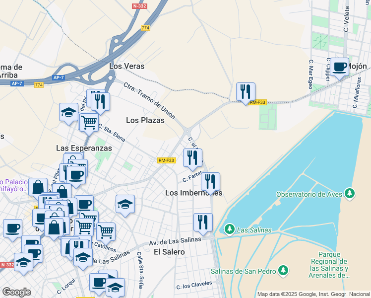 map of restaurants, bars, coffee shops, grocery stores, and more near 38 Calle Abubilla in San Pedro del Pinatar