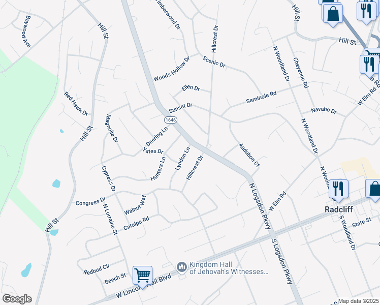 map of restaurants, bars, coffee shops, grocery stores, and more near 1207 Lyndon Lane in Radcliff