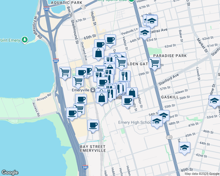 map of restaurants, bars, coffee shops, grocery stores, and more near 5885 Hollis Street in Emeryville