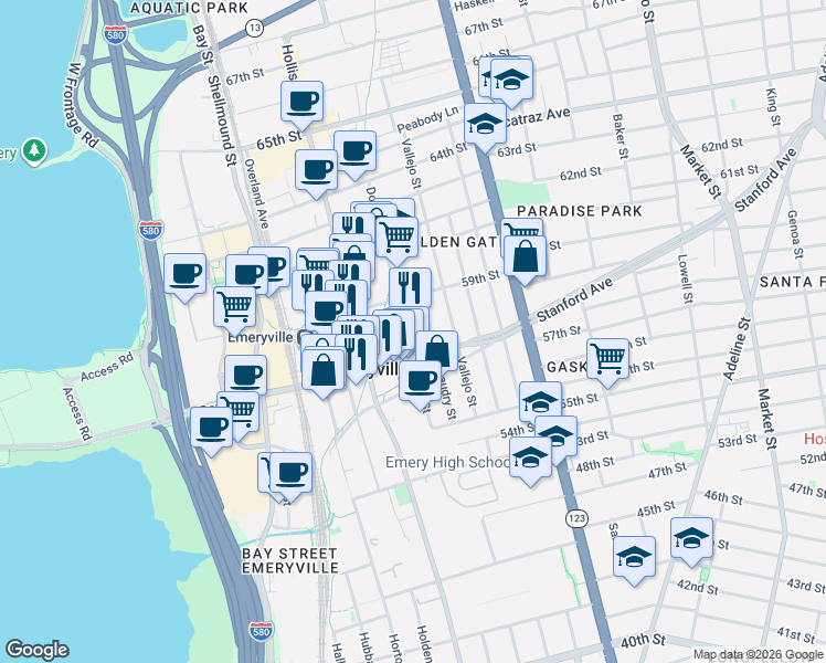 map of restaurants, bars, coffee shops, grocery stores, and more near 5856 Doyle Street in Emeryville