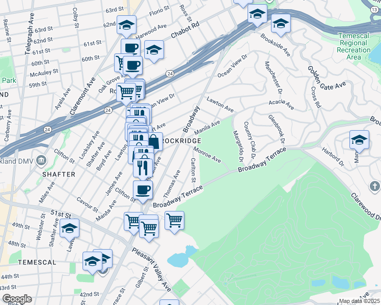 map of restaurants, bars, coffee shops, grocery stores, and more near 5555 Carlton Street in Oakland