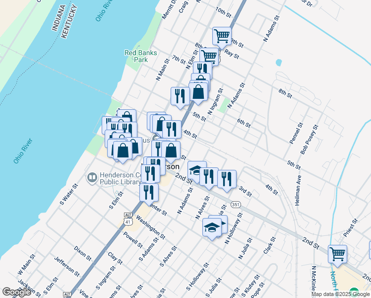 map of restaurants, bars, coffee shops, grocery stores, and more near 319 North Ingram Street in Henderson