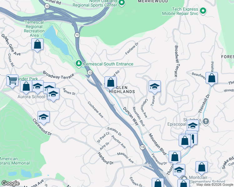 map of restaurants, bars, coffee shops, grocery stores, and more near 6844 Broadway Terrace in Oakland